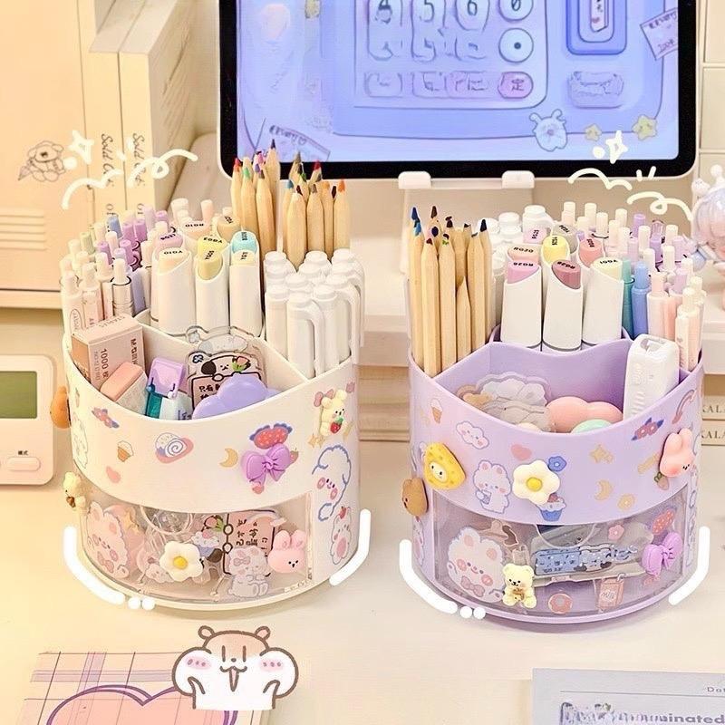 Kệ đựng bút để bàn học xoay 360 độ , hộp đựng đồ trang điểm cá nhân, đồ dùng học tập decor bàn làm việc - Tặng kèm sticker dán trang trí