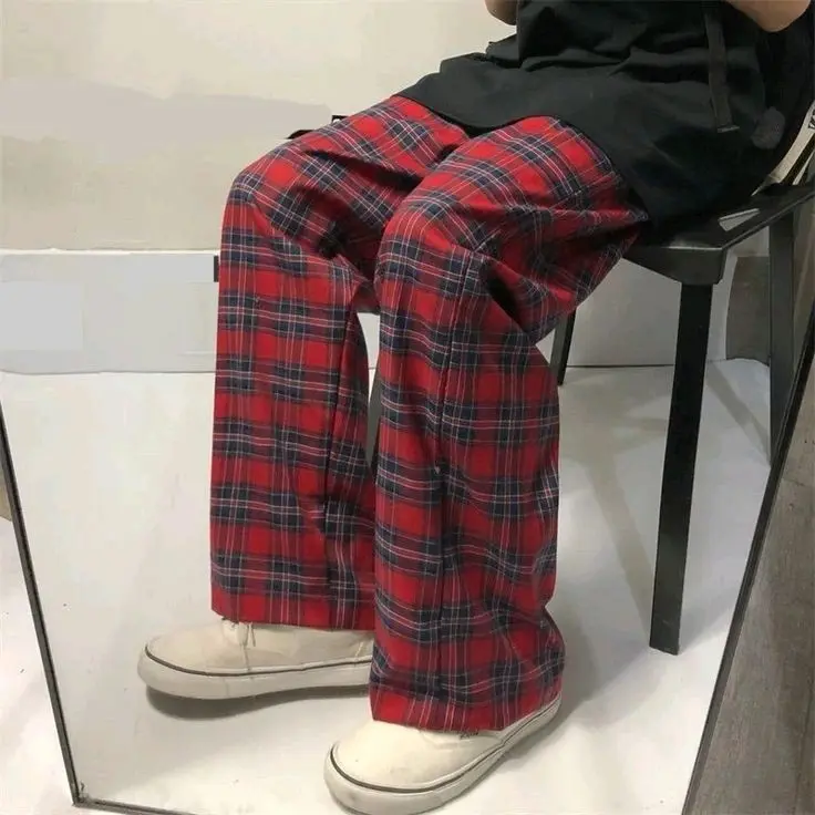 Quần Kẻ Caro Dáng Suông Ống Rộng Chất Thô Mềm Pants Đỏ