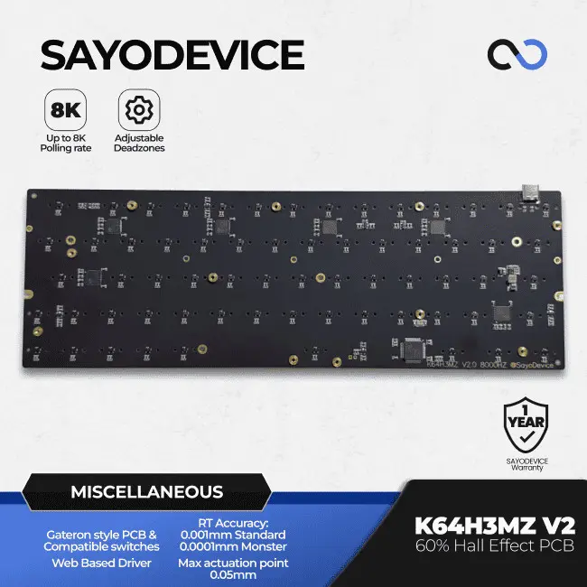 SayoDevice K64H3MZ V2.0-R 8K HE PCB Hall Effect 60% Gaming
