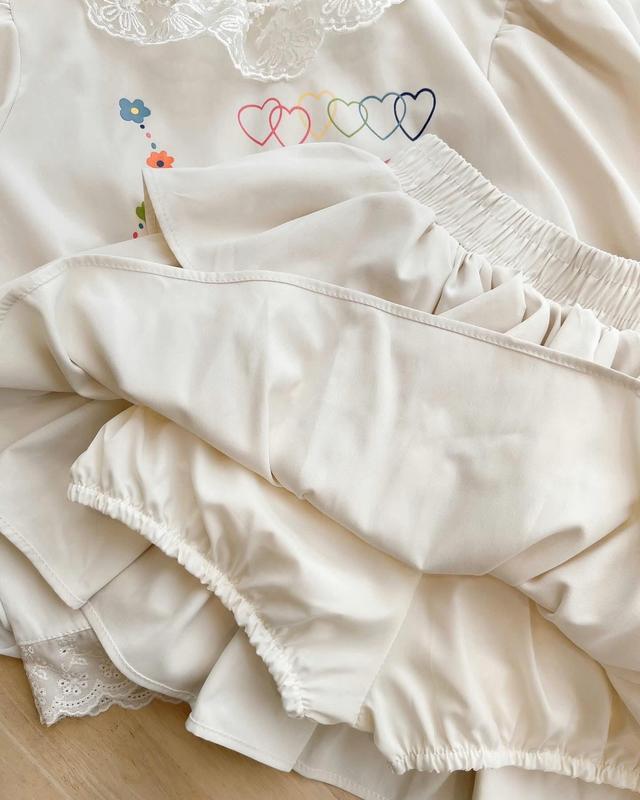Set áo linen cổ viền ren tay bồng in hoạ tiết cute phối chân váy xoè tầng cạp chun màu be mùa hè (loại 1) 6