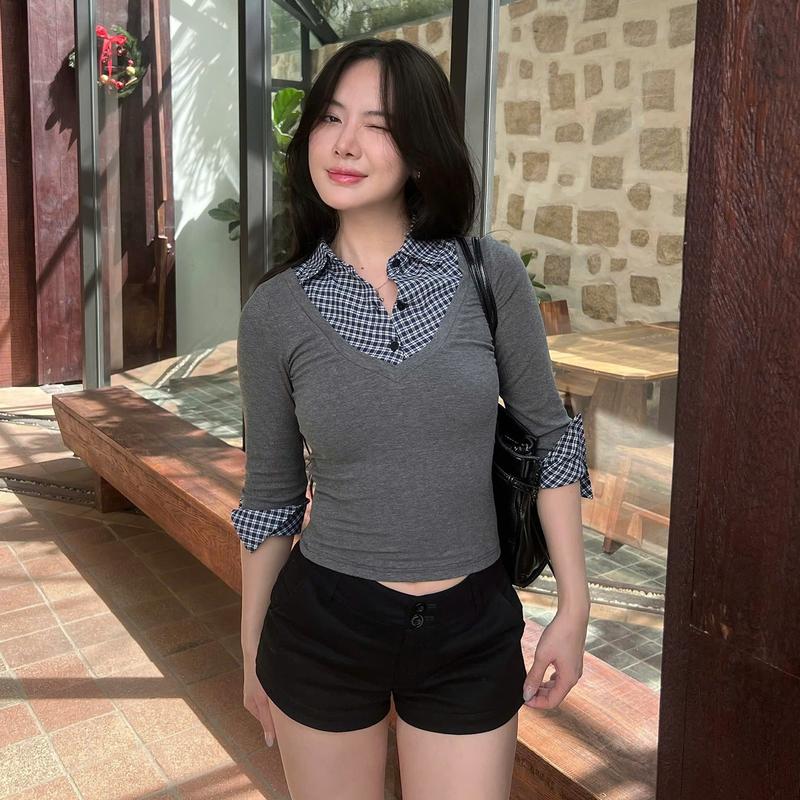 MÌ - ÁO KIỂU PHỐI CỔ SƠ MI CARO TAY LỬNG - ZOEY TOP 5