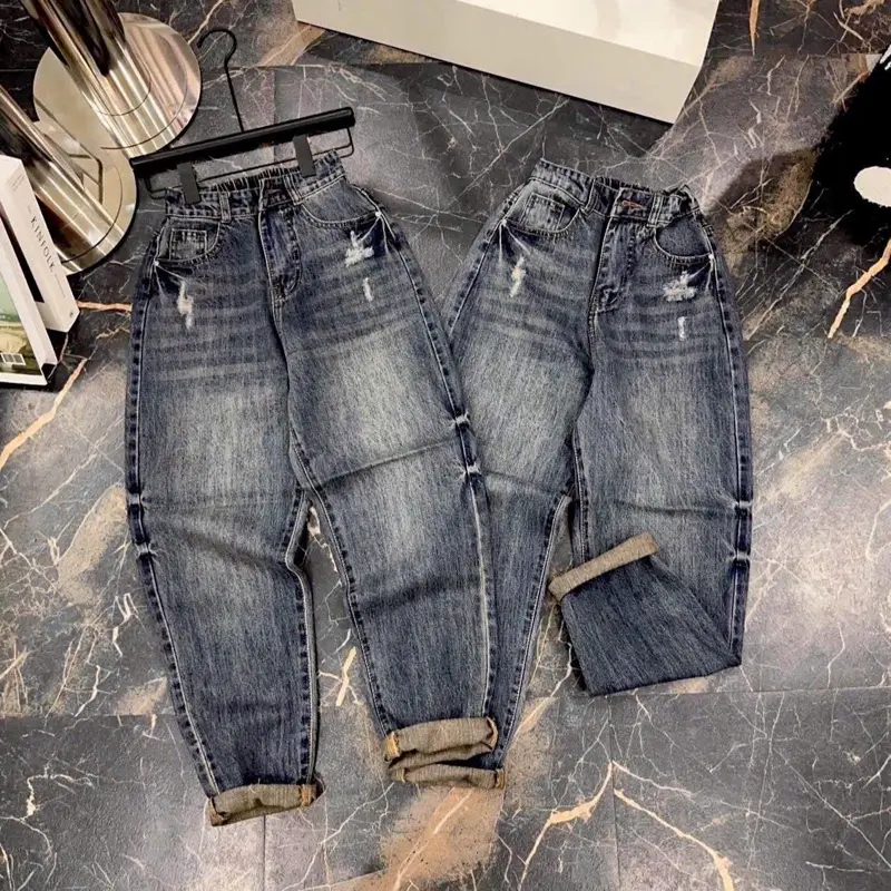 Quần jeans baggy lưng thun cào rách nhẹ chất liệu không co giãn
