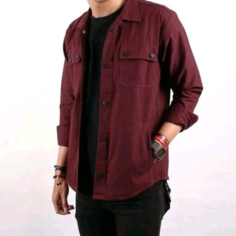 Jaket Semi Parka Casual Trucker Canvas Pria Mewah dan keren Army Hijau Maroon Mustard Hitam Biru Merah Navy Panjang Muda Kancing 6