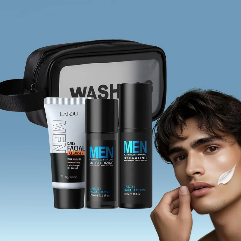 Men's Skincare Set, Moisturizing Skin Care Set, Including Facial Cleanser, Toner, Lotion, Cream, BB Cream and Makeup Bag, Skin Care Product for Men 3