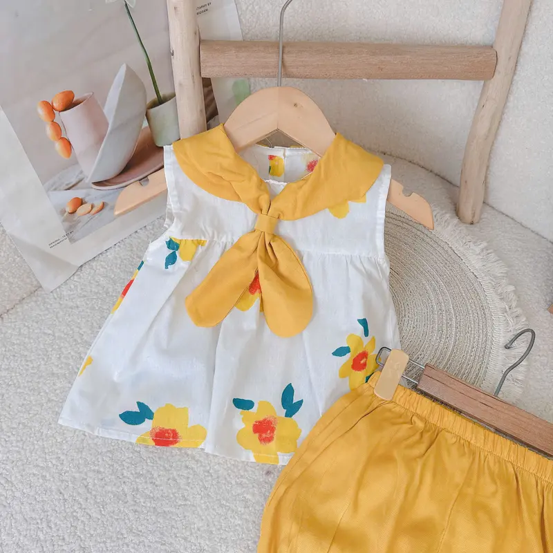 Đồ bộ bé gái nơ vàng Hapykids chất thô hoa mềm mát,bộ quần áo cho bé gái từ 0-6 tuổi (25.B16) 2