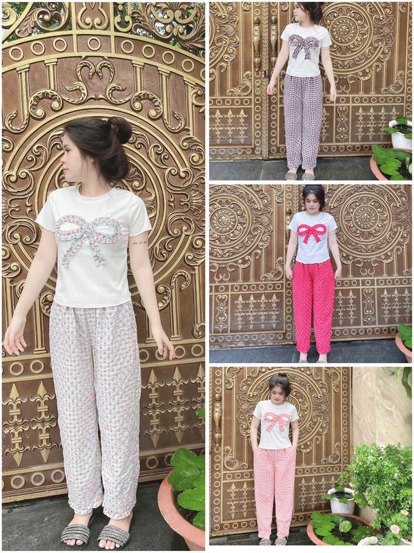 Sét bộ quần baggy đũi caro tim bèo lai phối áo baby tee nơ trẻ trung thời trang