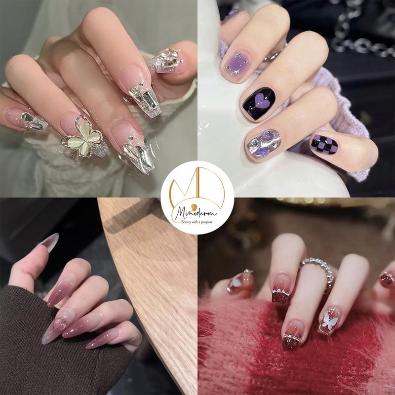 Móng tay giả Minoderm Nail box kèm keo gắn dáng ngắn dài thiết kế trơn đính đá sang trọng