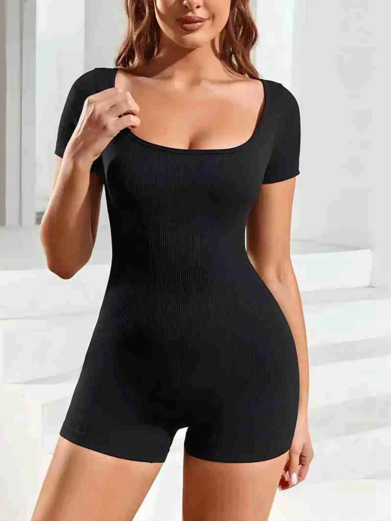 Women's Solid Square Neck Ribbed Sports Romper, Casual Comfy Breathable Short Sleeve Bodysuit for Yoga Gym Workout, Ladies Sportswear for Summer