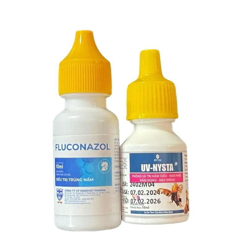Bộ 2 lọ uống xử lý nấm diều nấm họng nấm nội tạng nấm phổi đẹn miệng nấm ghép viêm ruột trên gà chọi gà đá. Nysta 10ml Fluconazol 10ml