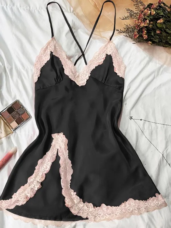 Women's Contrast Lace Criss Cross Bow Back Satin Cami Nightdress, Silky Naughty Lingerie, Night Gown for Women, House Dress for Women, Elegant Spaghetti Strap Split Hem Backless Night Gown, Ladies Summer Sleepwear & Loungewear, Pyjamas for Women 6