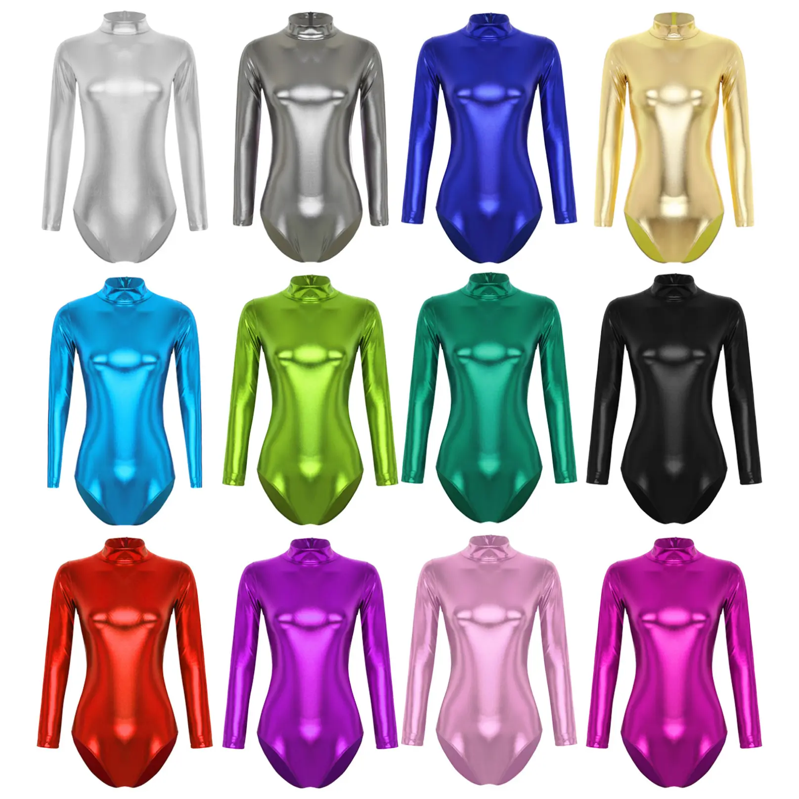 MSemis Women's Metallic Bodysuits One Piece Turtleneck Long Sleeve Ballet Leotard Dancewear