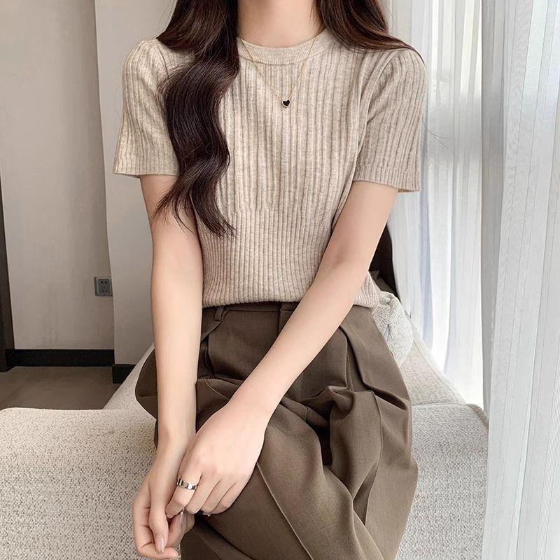 Áo Thun Len, Màu Trắng, Vai Và Tay Ngắn, Dành Cho Nữ, Hàng Mới Về Xuân / Hè, Cổ Tròn, Bó Sát Eo, Mỏng Vừa Vặn, Áo Bên Trong Ngắn Cô Gái Nóng Bỏng 3