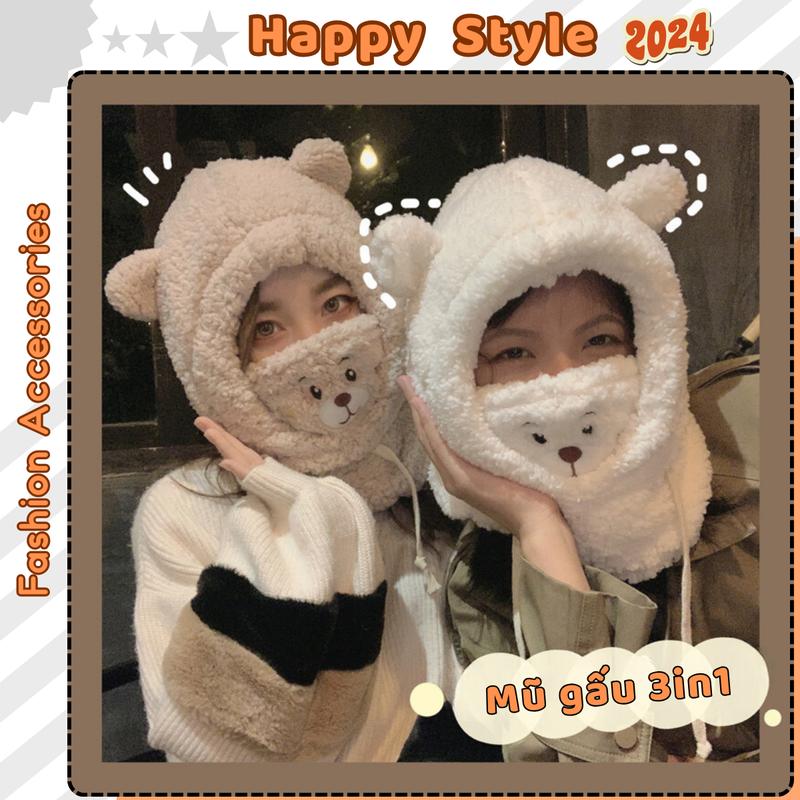 Mũ Lông Cừu Mặt Gấu Nón Len Tai Gấu Kèm Khẩu Trang 3 In 1 Giữ Ấm Mùa Đông Form Unisex Nam Nữ N176 Cao Su Pin