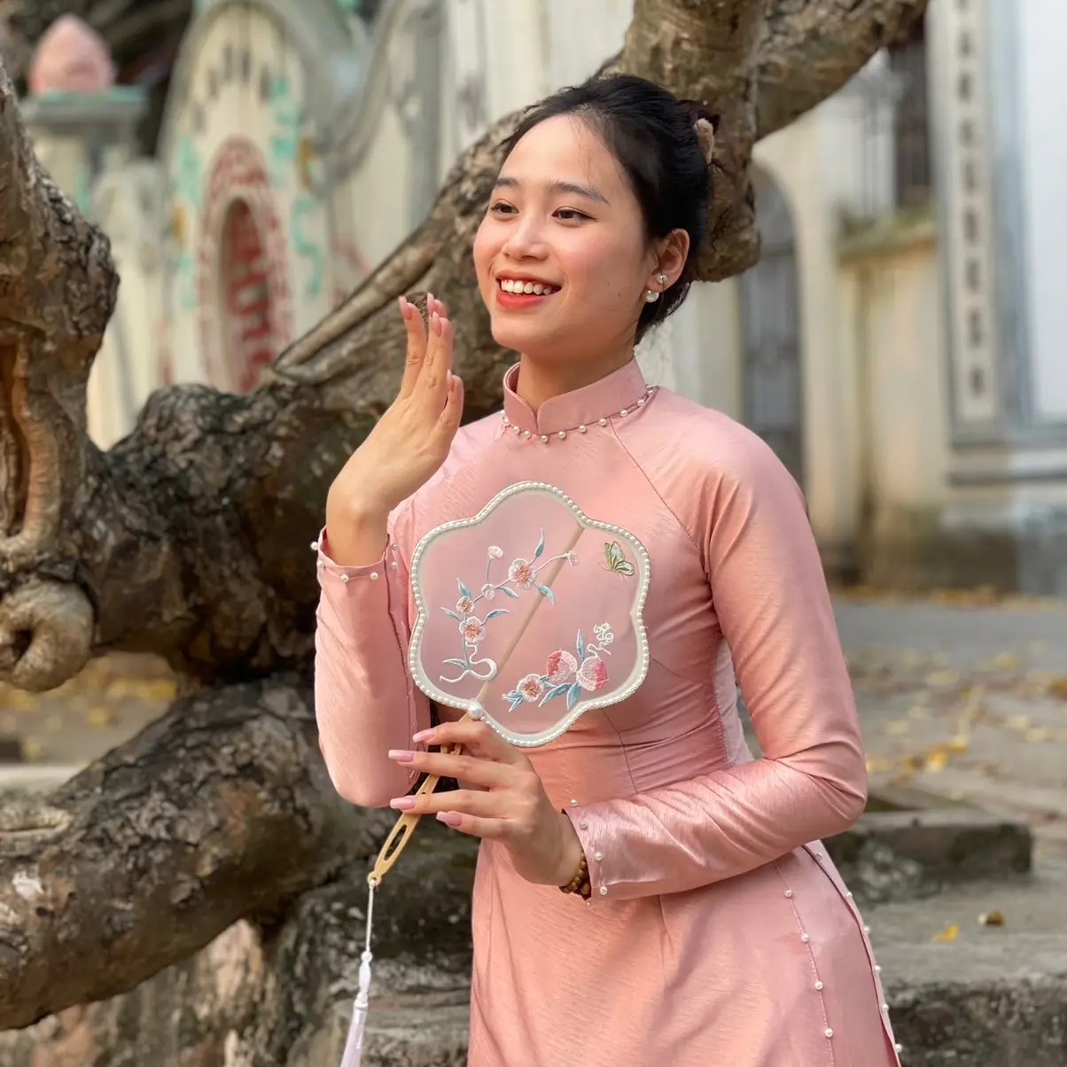 Áo Dài lụa vân gỗ hồng - Thời Trang Nữ Dress   Women Kem