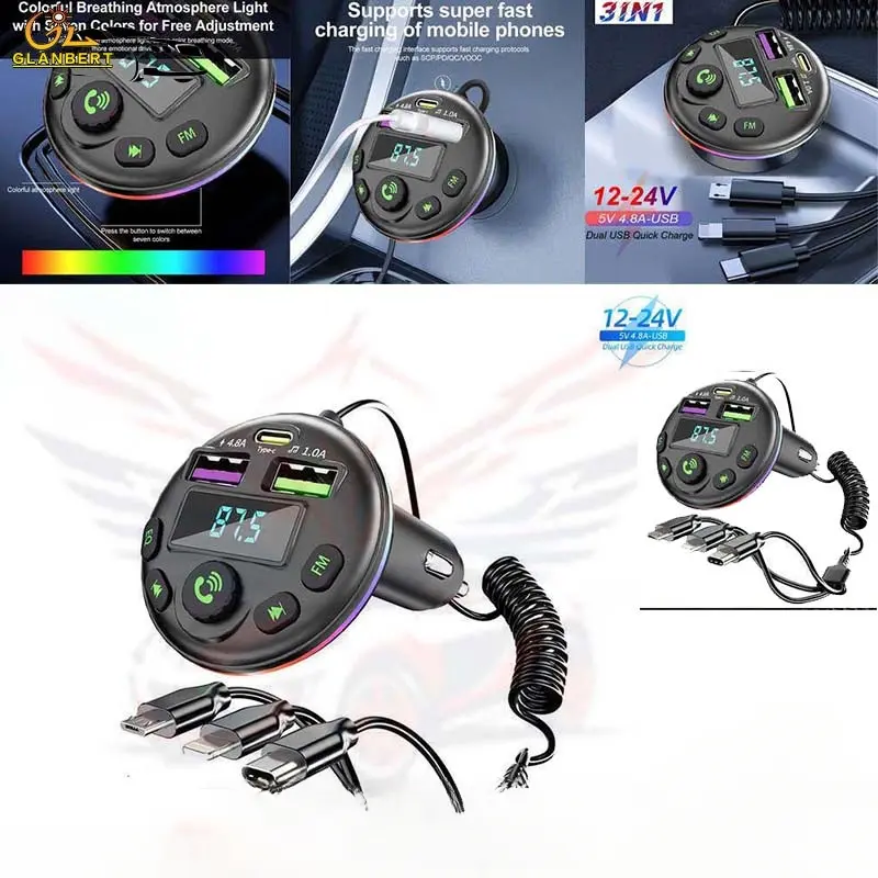 Bộ phát FM Bluetooth 5.0 trên ô tô, với máy nghe nhạc MP3, bộ thu âm thanh rảnh tay, Cáp sạc 3in1, bộ điều chế điện tử tự động, để gọi rảnh tay, phát trực tuyến nhạc 0