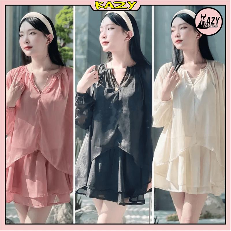 Set babydoll ba món kèm chân váy xoè có quần siêu xinh phong cách tiểu thư KAZY STORE S003