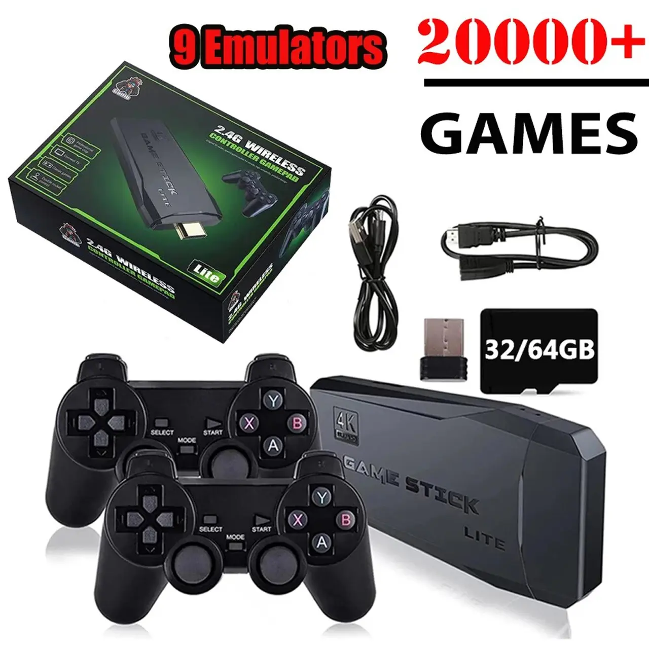 M8 4K Retro Video Game Console Game Stick Wireless Controller Gamepad Built-in 20000+ Games 64G Handheld Game Player HD TV