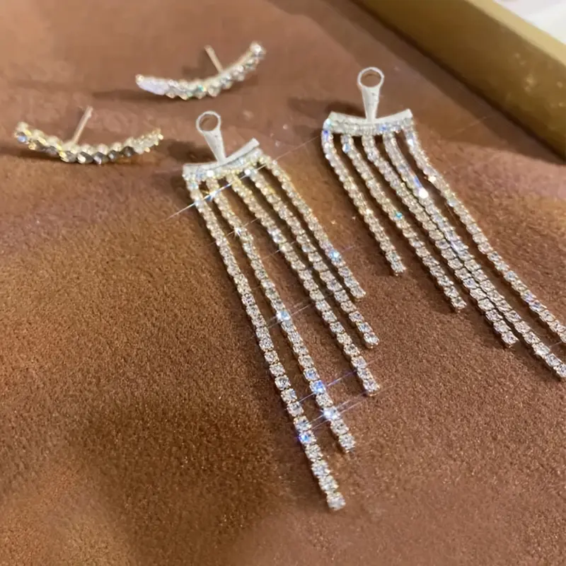 Silvery Chain Tassel With Sparkling Zirconia Inlaid Dangle Earrings Elegant Luxury Style Copper Silver Plated Jewelry Banquet Ear Ornaments 1