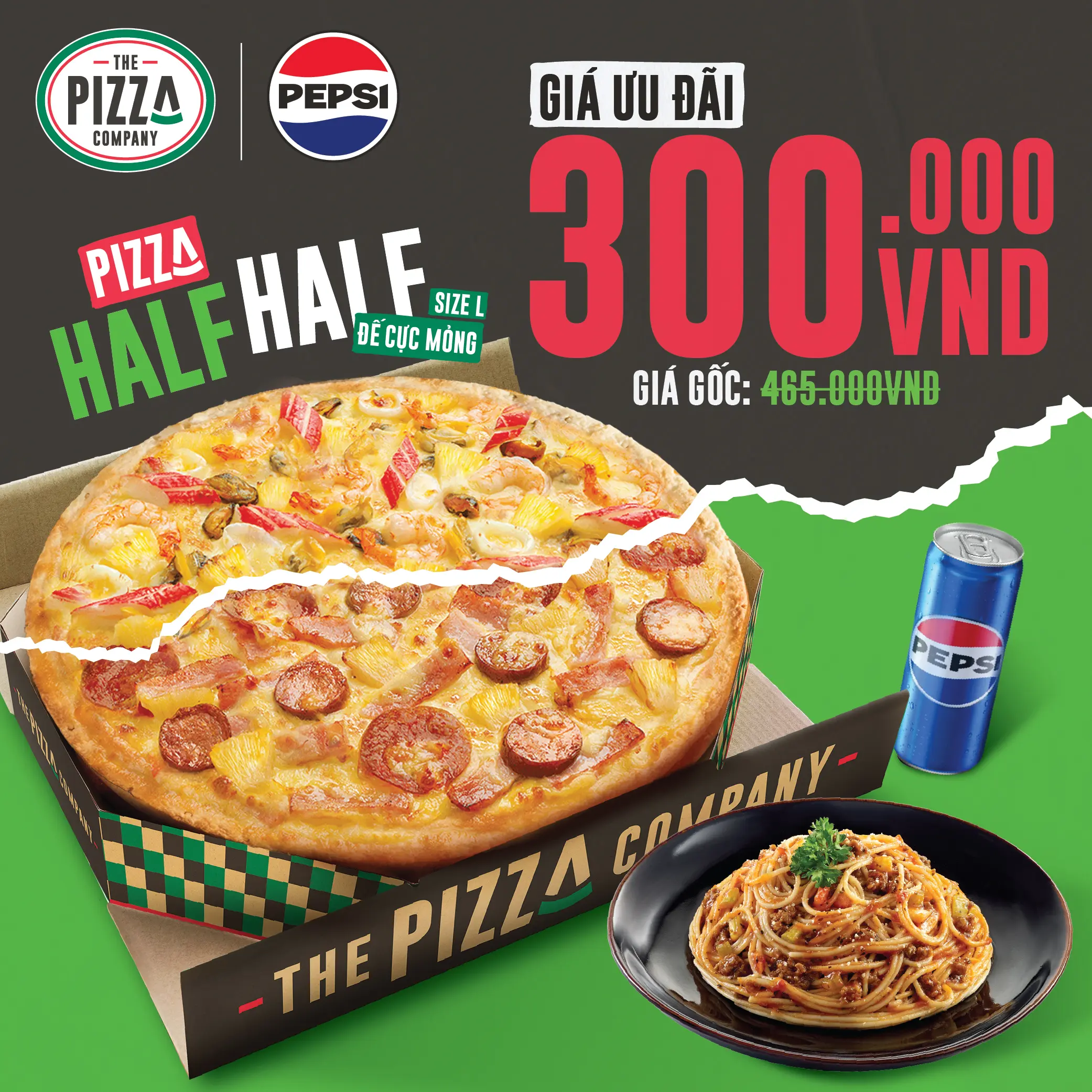 Combo 1 Pizza half half size M đế Cực Mỏng + 1 Mỳ Ý Xốt Bò Bằm + 1 lon nước - The Pizza Company - Giao nhanh 1H