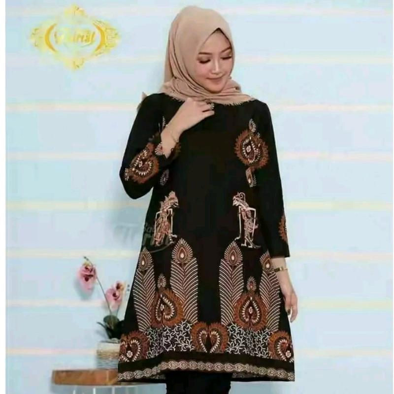 Batik tunik motif  wayang  kembar Katun Hitam 0