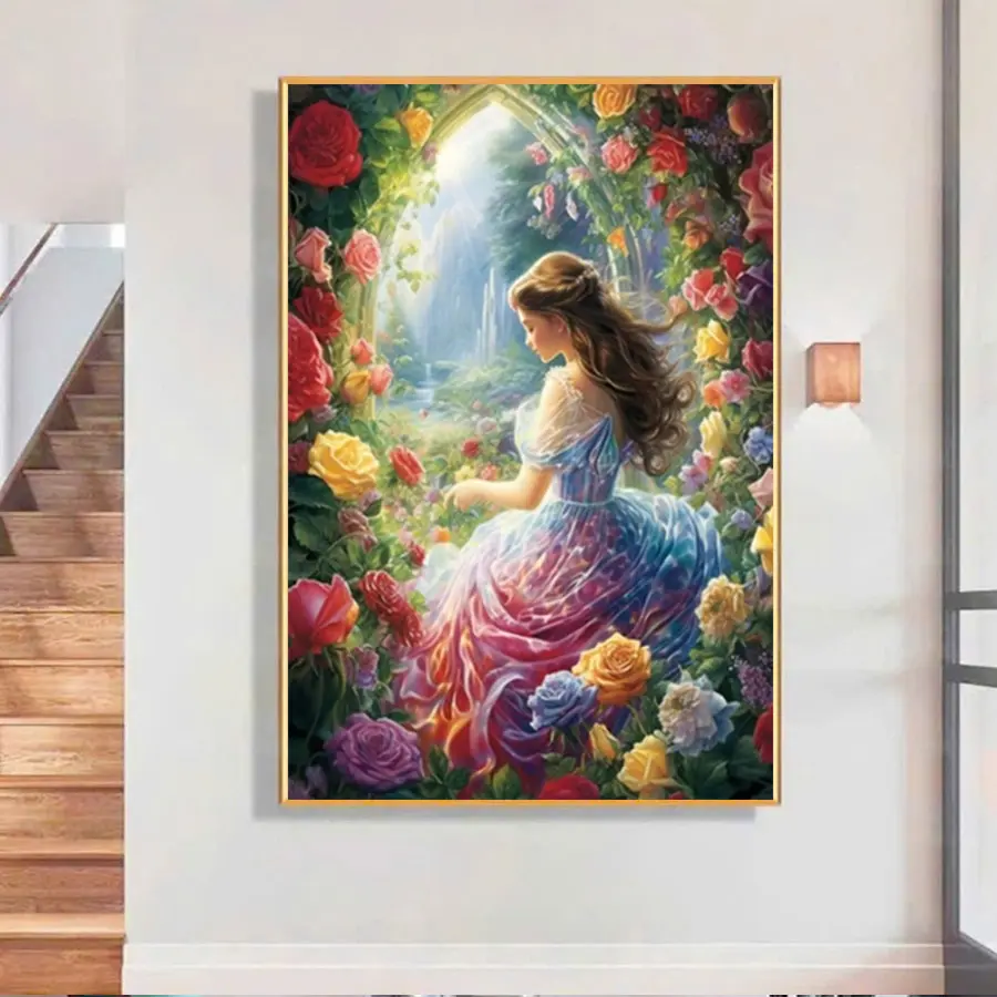 Tranh thêu chữ thập Cô Gái Và Hoa (thêu kín) VS8122 - KT:(50x68)cm - Làm Đồ Handmade