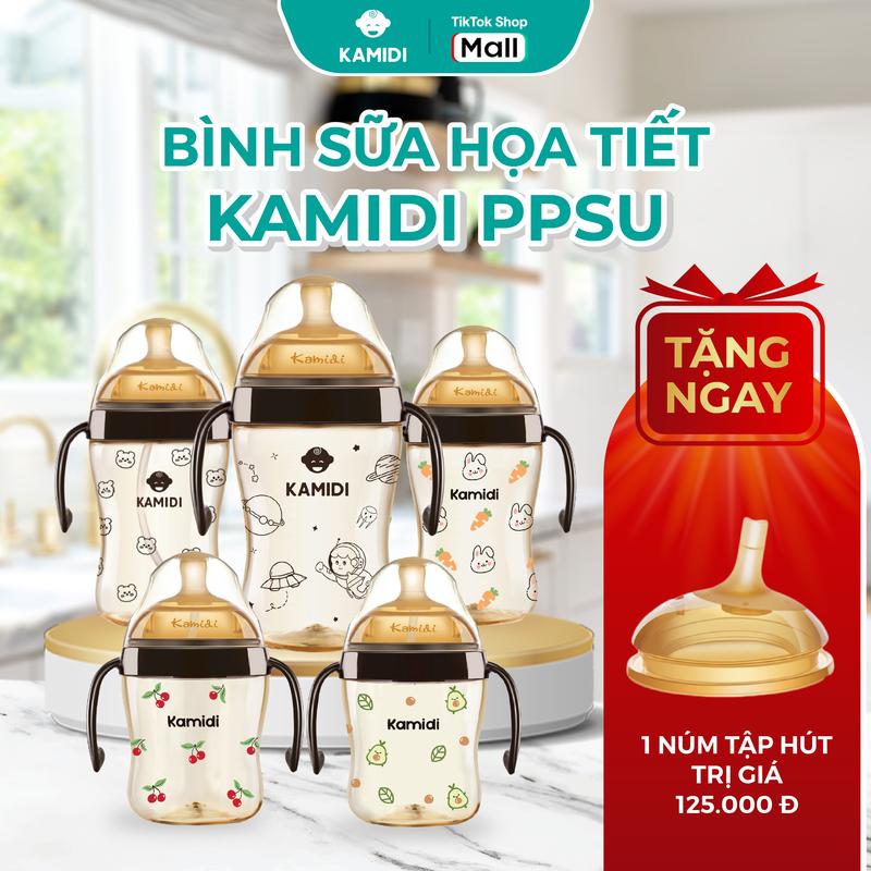 [Tặng núm tập hút cho bình họa tiết] Bình sữa Kamidi chất liệu PPSU nhiều họa tiết dành cho bé tập bú binh  chongsac