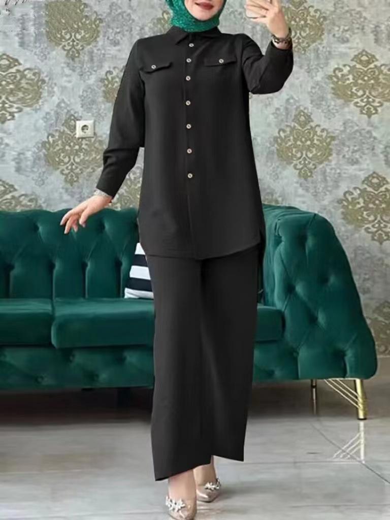 Product Introduction of 2025 New Fashion Versatile Elegant Trendy New Middle Eastern Muslim Solid Color Long Sleeve Button Pocket Shirt and Pants Two-Piece Set 8