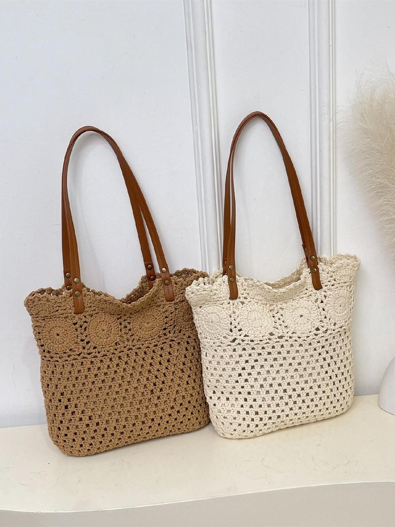 Product Introduction of Women's Solid Color Straw Tote Bag, Fashionable Large Capacity Shoulder Bag for Daily Used, Casual Trendy Versatile High-quality Daily Commuting Bag 7