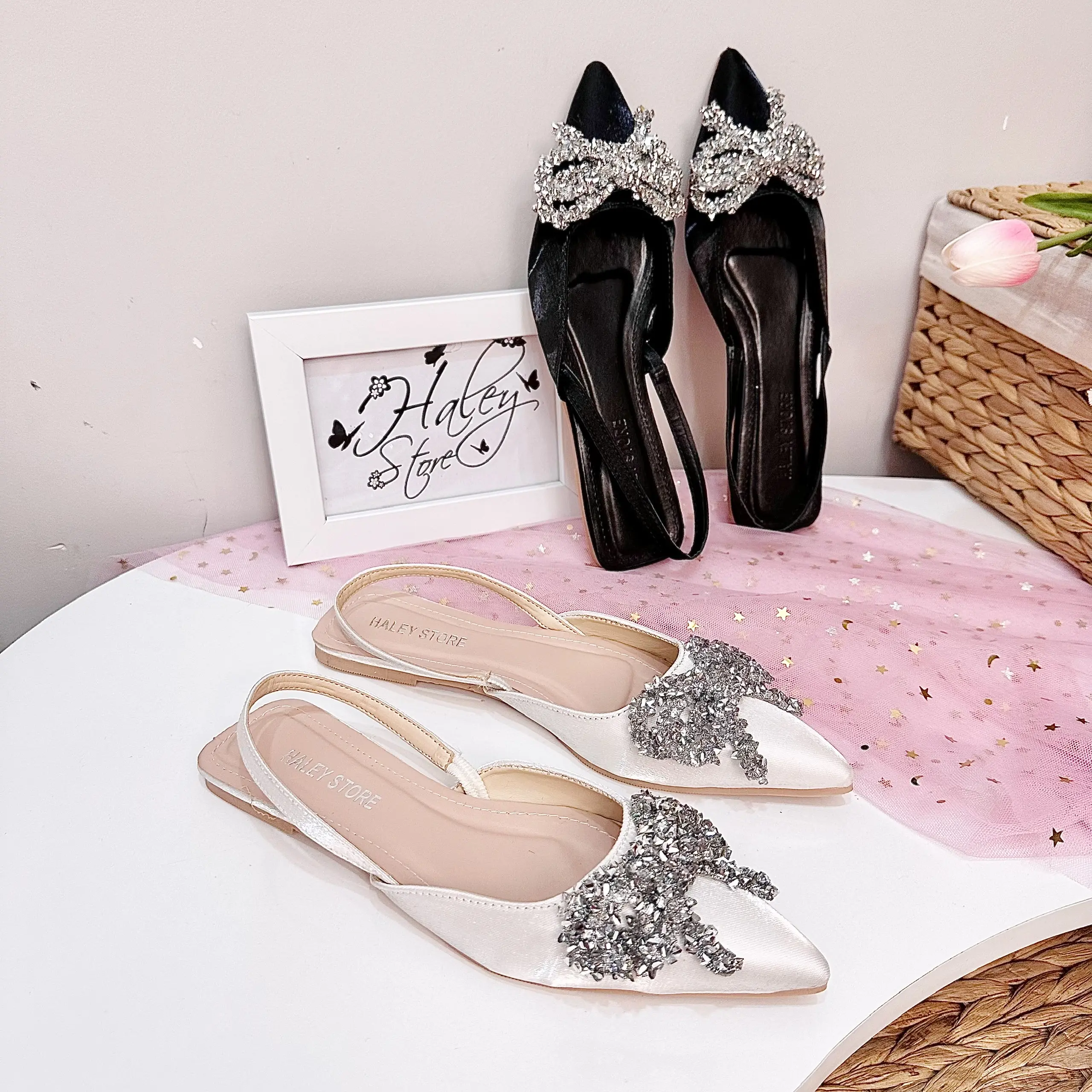 Giày bít bệt nơ nhùi HALEY STORE gót phẳng nơ nhùi da lụa bít mũi quai kéo tiểu thư cô dâu tiệc cưới rẻ bền đẹp êm chân