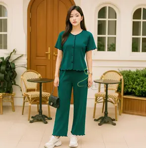 SH | One Set keynan Setelan Knit Waffel Atasan Lengan pendek Dan Celana Panjang Wanita Polos Casual Simple