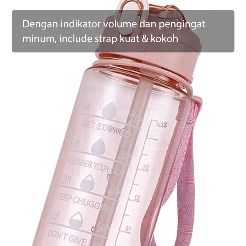 HUGO Botol Minum Motivasi 1 Liter Transparan Bening Botol Air Anak dengan Sedotan Premium BPA FREE 1