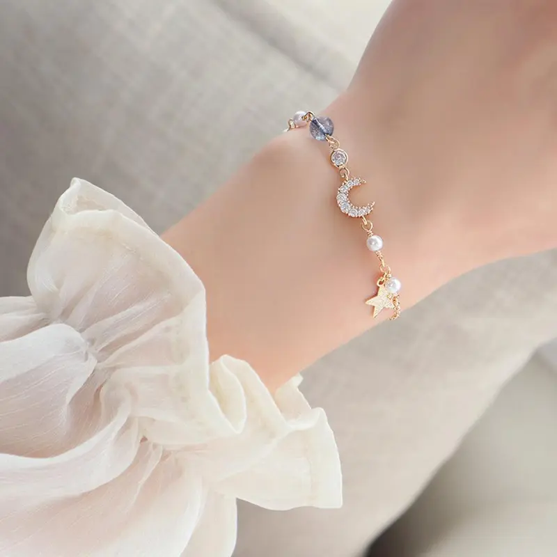 Vòng Tay Zircon Giả, Starmoon, Khảm Ngọt Ngào Với Ngôi Sao Và Mặt Trăng, Thiết Kế Lộng Lẫy, Ngọt Ngào Và Tự Nhiên 0