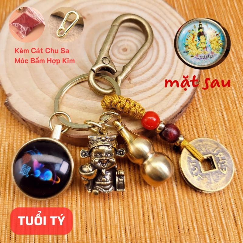 TẶNG KÈM MÓC BẤM + CÁT CHU SA Móc Khóa 12 Con Giáp 5 Món Đồng Thau : Phậ.t Bản Mệnh Mặt Trước Bi 12 Con Giáp Mặt Sau Ông Thần Tài Hồ Lô Rỗng Mở Nắp Dây Vàng 5 Đồng Xu Móc Chìa Khoá Móc Khoá