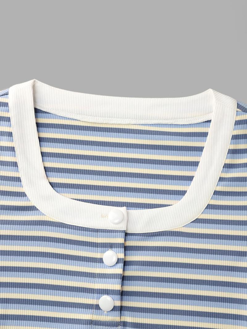 Product Introduction of YOZY Women's Striped Patchwork Print Button Ribbed Tee, Casual 3/4 Sleeve Square Neck T-Shirt for Spring & Fall, Women's Top for Daily Wear 5