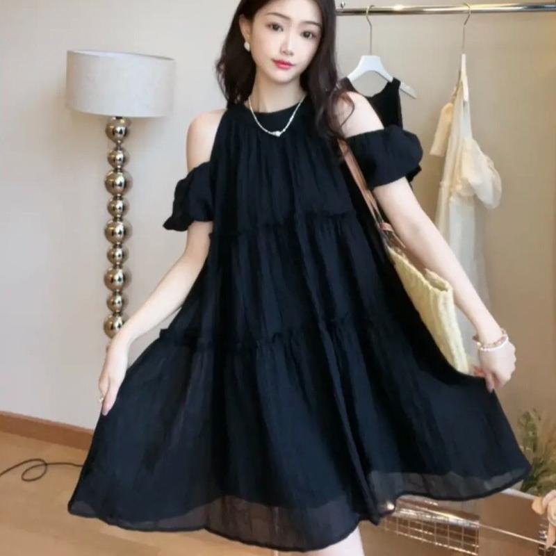 Vay Cổ Yếm Tay Bồng mềm mịn 2 lớp thoáng mát. Tú Linh Clothing Váy chữ A Nữ Dress Đầm Voi Nhung Women Voan Màu Trắng Bo Chun  đen-2 hàn quốc  màu trắng-2 đínhnơ 【 màu kem   độc đáo trang