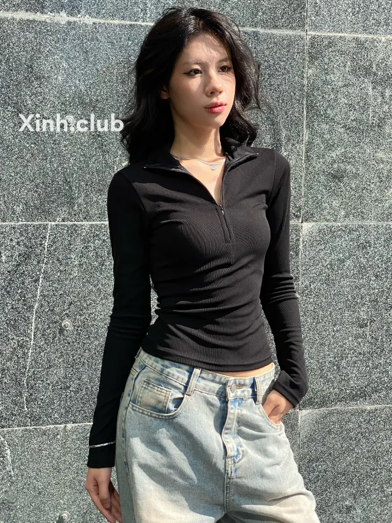 Xinh.club - Áo thun nữ khoá kéo ẩn dài tay ôm body - mã 1024