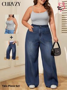 CURVZY Plus Size Solid Adjustable Strap Cami Top & Pocket Wide Leg Jeans Set, Women's Clothing for Daily Wear