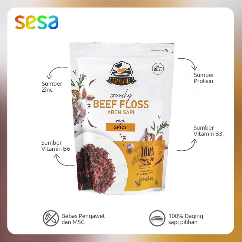 GRANDVILLE Abon Sapi Crunchy Spicy 100gr- NO-MSG 1