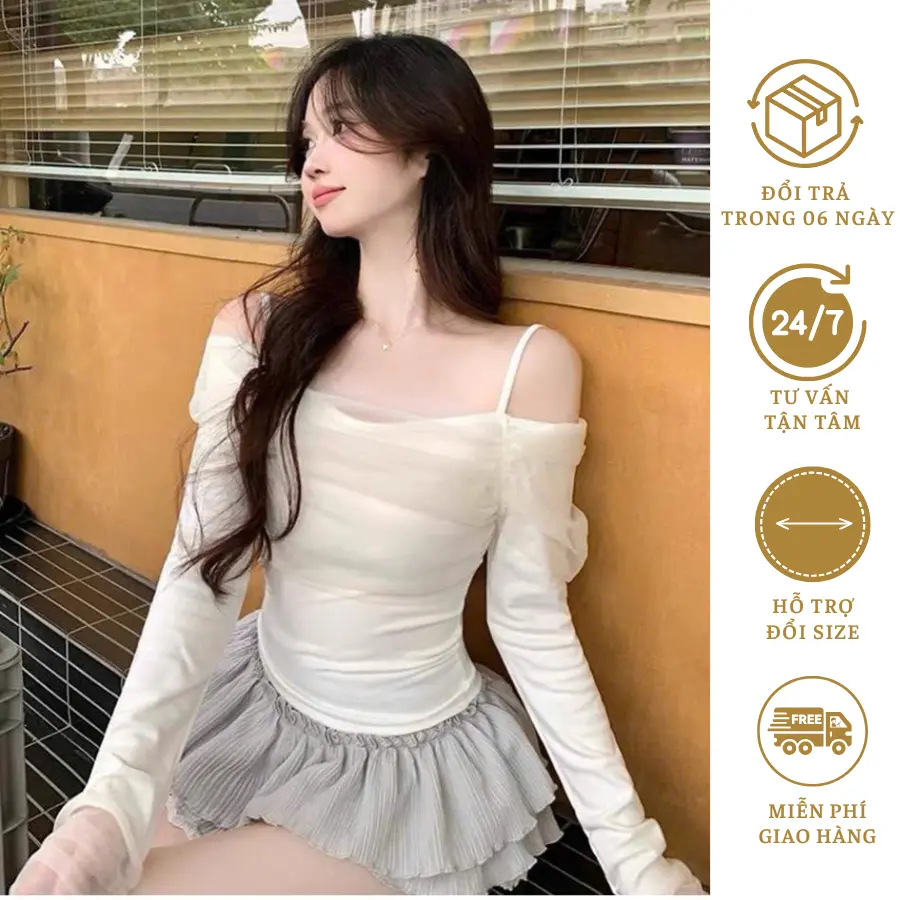 [new] Áo Thun nữ Dài Tay trễ vai Phối Lưới Ren Cao Cấp Kiểu Dáng Tiểu Thư Sang Trọng mùa hè mới nhất 2025 SM32 Zalynn.