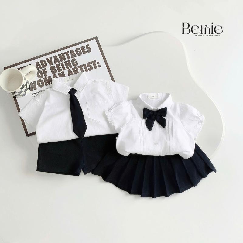 Set bộ bé trai bé gái áo sơ mi trắng kèm quần hoặc chân váy có cà vạt và nơ 1 đến 7t BERNIE H0525B33