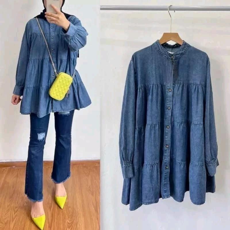 Atasan Kemeja Jeans Babydoll Susun // Kemeja Wanita Babydoll Oversize Kekinian 0