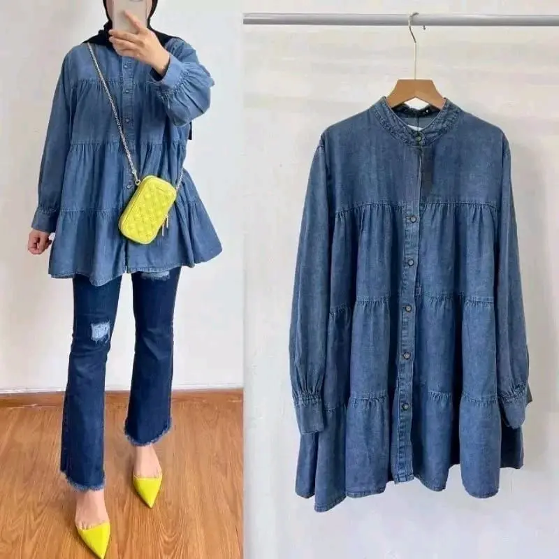Atasan Kemeja Jeans Babydoll Susun // Kemeja Wanita Babydoll Oversize Kekinian 0