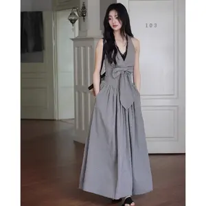 CHICMORE Gaun mewah rok panjang tanpa lengan warna kontras modis untuk wanita