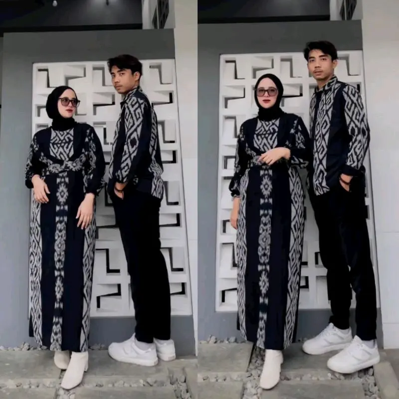 Baju Couple Tenun Pasangan Pia Dan Wanita Motif Simpel hitam - Set Couple Kondangan - Set Couple Lebaran - Set Couple Keluarga Bunga Setrip Dress Panjang Kain Batik Pendek Sarimbit Katun Gamis 1