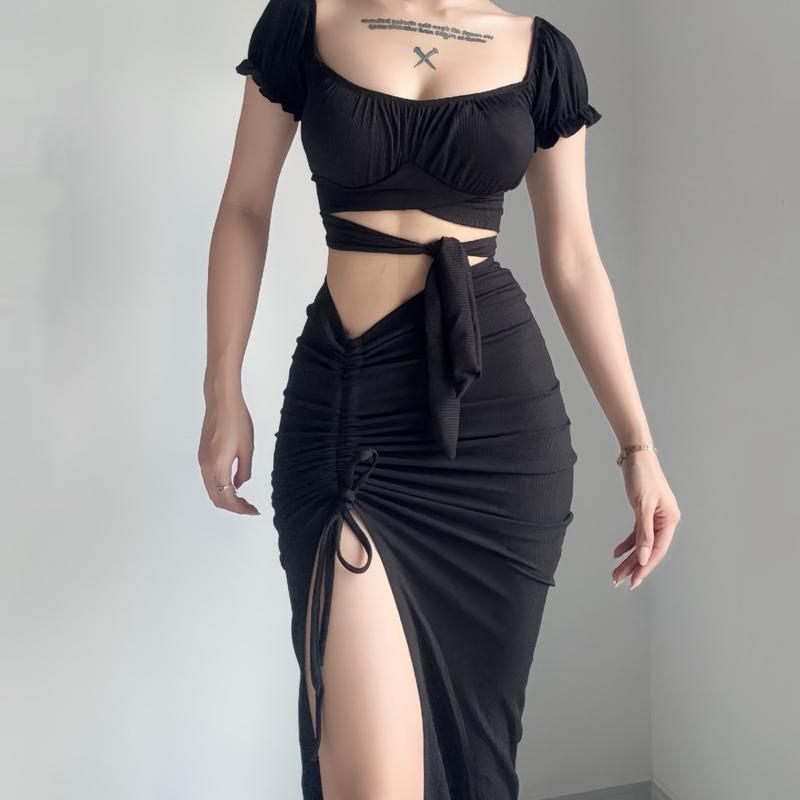 Set đầm áo trễ vai váy xẻ tà dây rút sang chảnh Lolystore Nữ Women