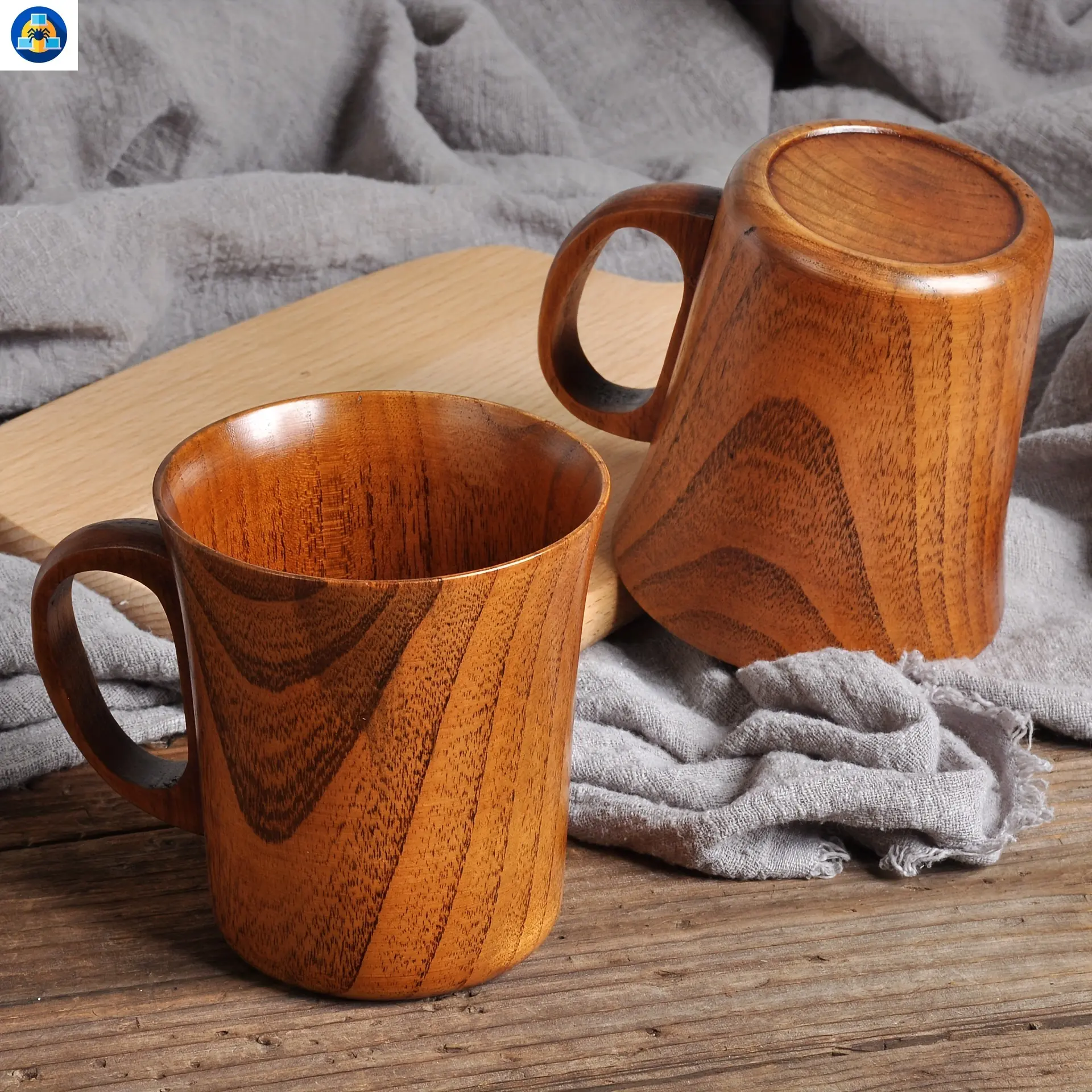 C&S     A Set of 2 Matching Natural Sour Cherry Wood Mugs with Handles - Hand Wash Only, Reusable, and Multipurpose. These Japanese Style Cups are Ideal as Office Water Cups