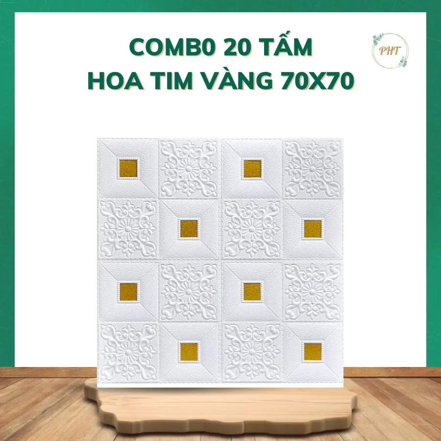 Combo 20 tấm Xốp dán tường hoa tim vàng 3mm kt 70x70 ( tem tự dán )