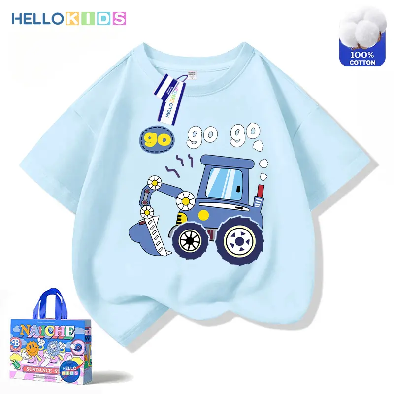 Áo Thun ngắn Tay Thời Trang Trẻ Em, 100% Cotton, Thiết Kế Máy Xúc Hoạt Hình Mới, Dành Cho Bé Trai, Áo Dáng Rộng 4