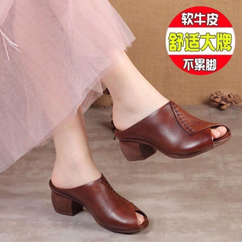 Dép Lê Ngoài Trời, Da Thật Cổ Điển Hở Mũi, Gót Trung Bình Đế Mềm, Thời Trang, Gót Chunky, Dễ Phối Đồ, Dép Lười Nửa Gót, Dành Cho Nữ 1