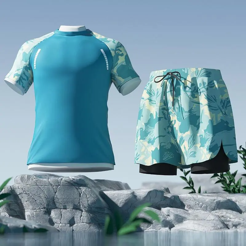 Men Teens Swimsuit Quick Dry Swimwear Swimming TopsTrunks UPF50 Beach Sport Rash Guard Short Surfing Bathing Suit Set BB021